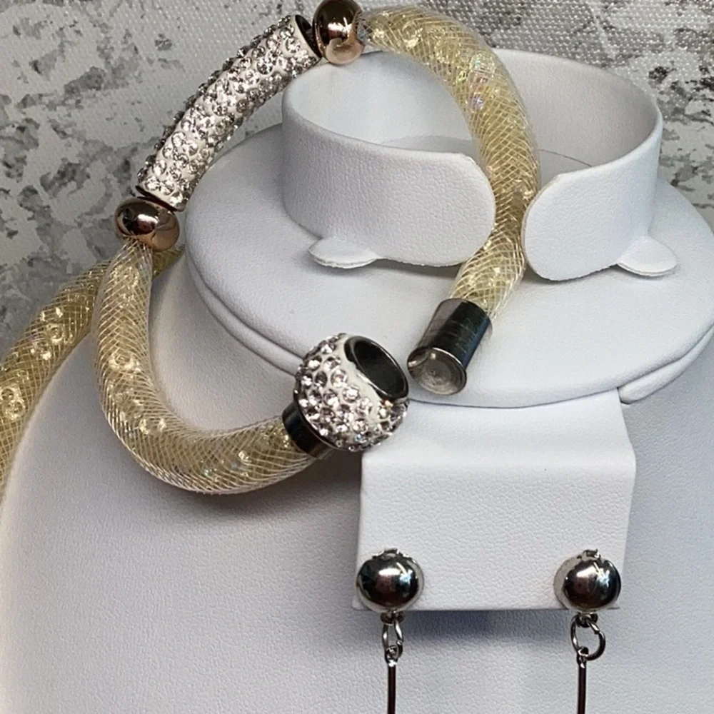 Rhinestone and Crystal AB Yellow Silver and White Necklace Bracelet Earrings Set